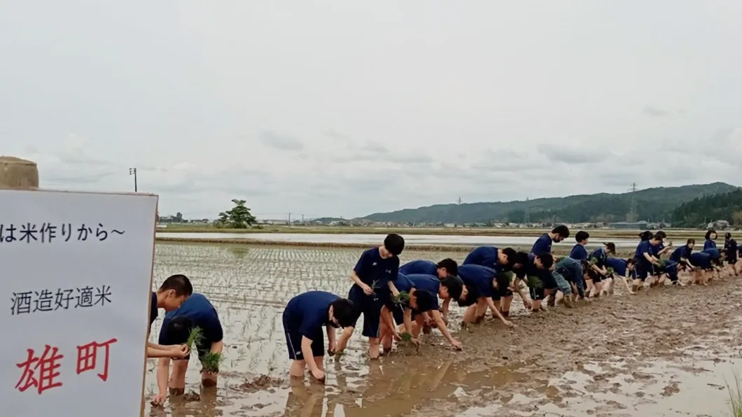 高校生の皆さん、初めての田植えに四苦八苦の様子の写真