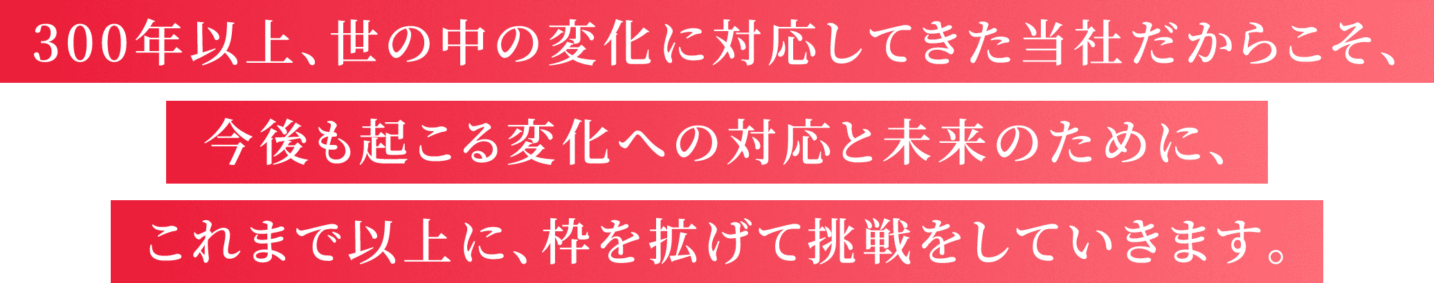 300年以上、世の中の変化に対応してきた当社だからこそ、今後も起こる変化への対応と未来のために、これまで以上に、枠を広げて挑戦をしていきます。