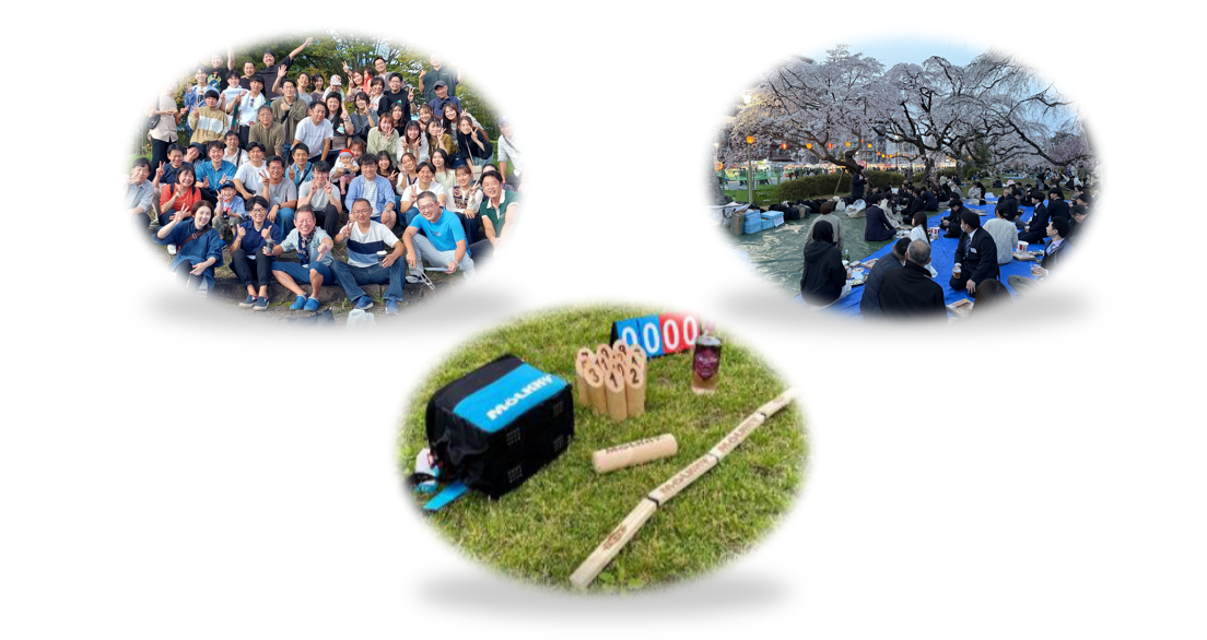 笑顔で並ぶ社員一同の集合写真・榴岡公園でのお花見の写真・モルックの写真